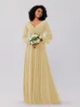 A-Line/Princess Chiffon Ruched V-neck Long Sleeves Floor-Length Bridesmaid Dresses