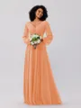 A-Line/Princess Chiffon Ruched V-neck Long Sleeves Floor-Length Bridesmaid Dresses