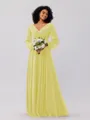 A-Line/Princess Chiffon Ruched V-neck Long Sleeves Floor-Length Bridesmaid Dresses
