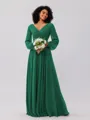 A-Line/Princess Chiffon Ruched V-neck Long Sleeves Floor-Length Bridesmaid Dresses