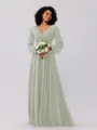 A-Line/Princess Chiffon Ruched V-neck Long Sleeves Floor-Length Bridesmaid Dresses