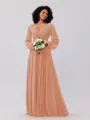 A-Line/Princess Chiffon Ruched V-neck Long Sleeves Floor-Length Bridesmaid Dresses