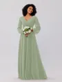A-Line/Princess Chiffon Ruched V-neck Long Sleeves Floor-Length Bridesmaid Dresses
