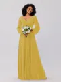 A-Line/Princess Chiffon Ruched V-neck Long Sleeves Floor-Length Bridesmaid Dresses