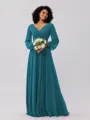 A-Line/Princess Chiffon Ruched V-neck Long Sleeves Floor-Length Bridesmaid Dresses