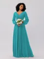 A-Line/Princess Chiffon Ruched V-neck Long Sleeves Floor-Length Bridesmaid Dresses