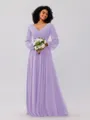 A-Line/Princess Chiffon Ruched V-neck Long Sleeves Floor-Length Bridesmaid Dresses