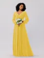 A-Line/Princess Chiffon Ruched V-neck Long Sleeves Floor-Length Bridesmaid Dresses