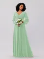 A-Line/Princess Chiffon Ruched V-neck Long Sleeves Floor-Length Bridesmaid Dresses