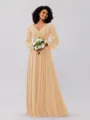 A-Line/Princess Chiffon Ruched V-neck Long Sleeves Floor-Length Bridesmaid Dresses