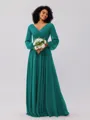 A-Line/Princess Chiffon Ruched V-neck Long Sleeves Floor-Length Bridesmaid Dresses