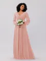 A-Line/Princess Chiffon Ruched V-neck Long Sleeves Floor-Length Bridesmaid Dresses