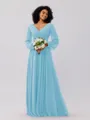 A-Line/Princess Chiffon Ruched V-neck Long Sleeves Floor-Length Bridesmaid Dresses