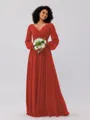 A-Line/Princess Chiffon Ruched V-neck Long Sleeves Floor-Length Bridesmaid Dresses