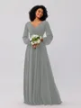 A-Line/Princess Chiffon Ruched V-neck Long Sleeves Floor-Length Bridesmaid Dresses
