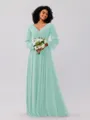 A-Line/Princess Chiffon Ruched V-neck Long Sleeves Floor-Length Bridesmaid Dresses