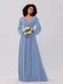 A-Line/Princess Chiffon Ruched V-neck Long Sleeves Floor-Length Bridesmaid Dresses