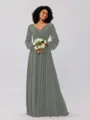 A-Line/Princess Chiffon Ruched V-neck Long Sleeves Floor-Length Bridesmaid Dresses