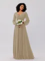 A-Line/Princess Chiffon Ruched V-neck Long Sleeves Floor-Length Bridesmaid Dresses