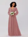 A-Line/Princess Chiffon Ruched V-neck Long Sleeves Floor-Length Bridesmaid Dresses