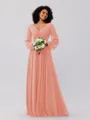A-Line/Princess Chiffon Ruched V-neck Long Sleeves Floor-Length Bridesmaid Dresses
