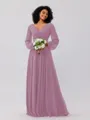 A-Line/Princess Chiffon Ruched V-neck Long Sleeves Floor-Length Bridesmaid Dresses