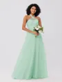 A-Line/Princess Tulle Ruffles Halter Sleeveless Floor-Length Bridesmaid Dresses