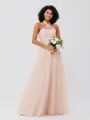A-Line/Princess Tulle Ruffles Halter Sleeveless Floor-Length Bridesmaid Dresses
