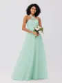 A-Line/Princess Tulle Ruffles Halter Sleeveless Floor-Length Bridesmaid Dresses