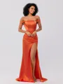Sheath/Column Silk like Satin Ruched Off-the-Shoulder Sleeveless Sweep/Brush Train Bridesmaid Dresses