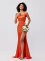 Sheath/Column Silk like Satin Ruched Off-the-Shoulder Sleeveless Sweep/Brush Train Bridesmaid Dresses