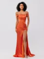 Sheath/Column Silk like Satin Ruched Off-the-Shoulder Sleeveless Sweep/Brush Train Bridesmaid Dresses