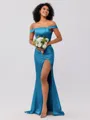 Sheath/Column Silk like Satin Ruched Off-the-Shoulder Sleeveless Sweep/Brush Train Bridesmaid Dresses