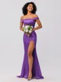 Sheath/Column Silk like Satin Ruched Off-the-Shoulder Sleeveless Sweep/Brush Train Bridesmaid Dresses
