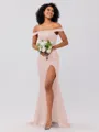 Sheath/Column Silk like Satin Ruched Off-the-Shoulder Sleeveless Sweep/Brush Train Bridesmaid Dresses