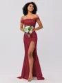 Sheath/Column Silk like Satin Ruched Off-the-Shoulder Sleeveless Sweep/Brush Train Bridesmaid Dresses