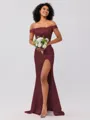 Sheath/Column Silk like Satin Ruched Off-the-Shoulder Sleeveless Sweep/Brush Train Bridesmaid Dresses