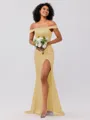 Sheath/Column Silk like Satin Ruched Off-the-Shoulder Sleeveless Sweep/Brush Train Bridesmaid Dresses
