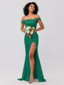 Sheath/Column Silk like Satin Ruched Off-the-Shoulder Sleeveless Sweep/Brush Train Bridesmaid Dresses