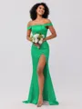 Sheath/Column Silk like Satin Ruched Off-the-Shoulder Sleeveless Sweep/Brush Train Bridesmaid Dresses