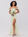 Sheath/Column Silk like Satin Ruched Off-the-Shoulder Sleeveless Sweep/Brush Train Bridesmaid Dresses
