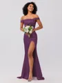 Sheath/Column Silk like Satin Ruched Off-the-Shoulder Sleeveless Sweep/Brush Train Bridesmaid Dresses