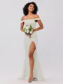 Sheath/Column Silk like Satin Ruched Off-the-Shoulder Sleeveless Sweep/Brush Train Bridesmaid Dresses