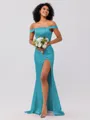 Sheath/Column Silk like Satin Ruched Off-the-Shoulder Sleeveless Sweep/Brush Train Bridesmaid Dresses
