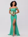 Sheath/Column Silk like Satin Ruched Off-the-Shoulder Sleeveless Sweep/Brush Train Bridesmaid Dresses