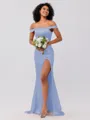 Sheath/Column Silk like Satin Ruched Off-the-Shoulder Sleeveless Sweep/Brush Train Bridesmaid Dresses