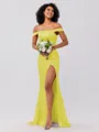 Sheath/Column Silk like Satin Ruched Off-the-Shoulder Sleeveless Sweep/Brush Train Bridesmaid Dresses