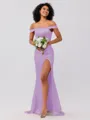 Sheath/Column Silk like Satin Ruched Off-the-Shoulder Sleeveless Sweep/Brush Train Bridesmaid Dresses