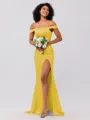 Sheath/Column Silk like Satin Ruched Off-the-Shoulder Sleeveless Sweep/Brush Train Bridesmaid Dresses