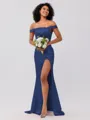 Sheath/Column Silk like Satin Ruched Off-the-Shoulder Sleeveless Sweep/Brush Train Bridesmaid Dresses